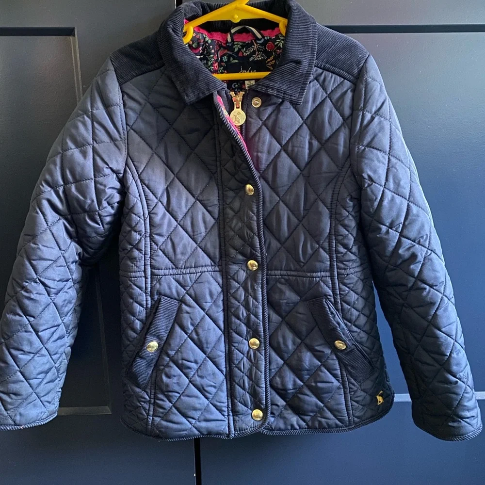 Joules Navy Quilted Kids Jacket with Floral Interior - Picture 2 of 5